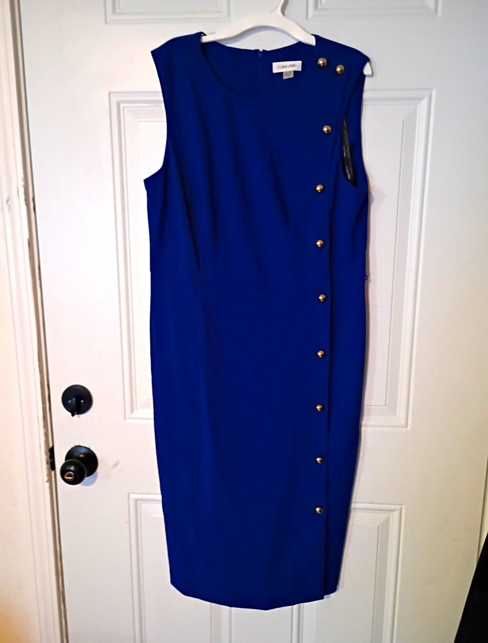 Calvin Klein Women Lapis Blue Sleeveless Career Sheath Dress Gold Button 12 NWOT